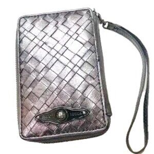 Elliott Lucca Womens Wristlet Wallet Silver Metallic Woven Leather Zip Around EC